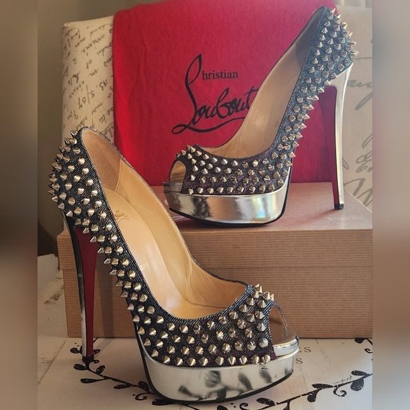 CHRISTIAN LOUBOUTIN Metallic Lame Lady Peep Spike Platform Pumps Size 37 - Picture 3 of 16
